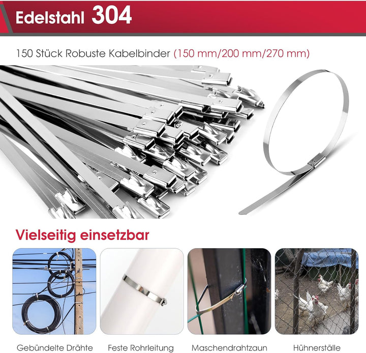 Kabelbinderzangen-Set mit 150 Kabelbindern Verstellbares Kabelbinder-Werkzeugset aus Metall zum Befe
