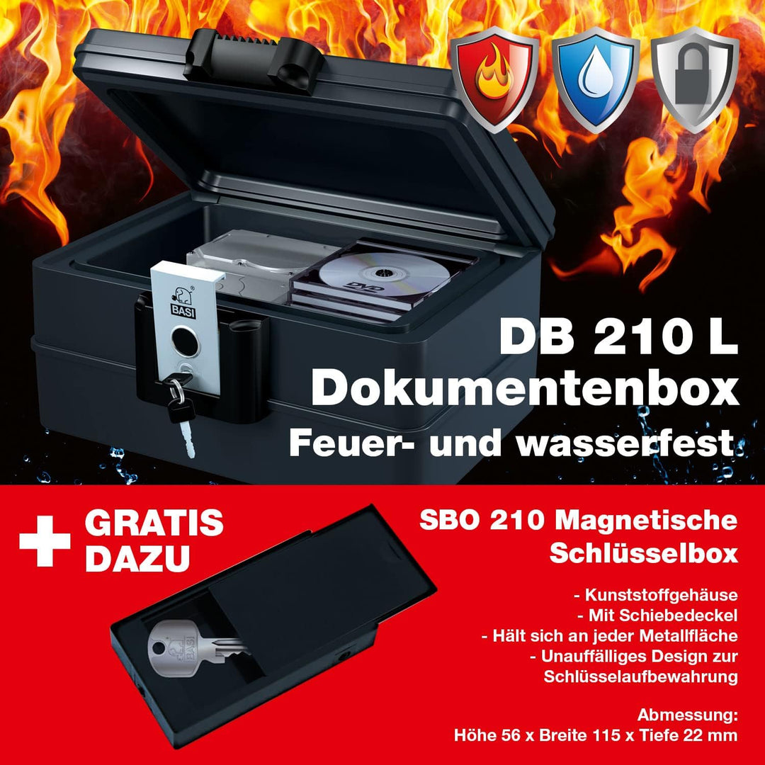 BASI | Feuerfeste und Wasserdichte Dokumentenbox | Sicherheitskassette aus Kunststoff | abschliessba