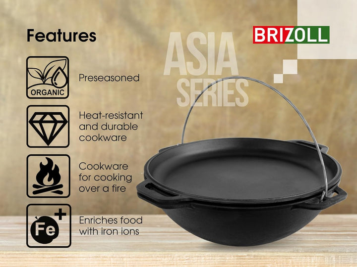 Brizoll Kazan Gusseisen Asian, mit Deckel, Bratpfanne, Dutch Oven, 8 l, Schwarz (KA08-3)