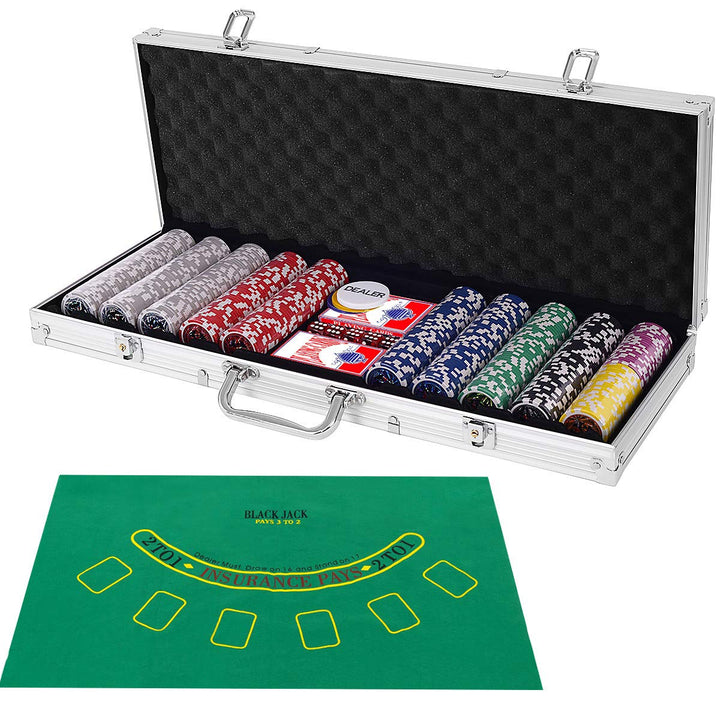COSTWAY 500 Laser-Chips Pokerset, Poker Komplett Set mit 2 Spielkarten, 5 Würfel, 3 Händler-Chips un
