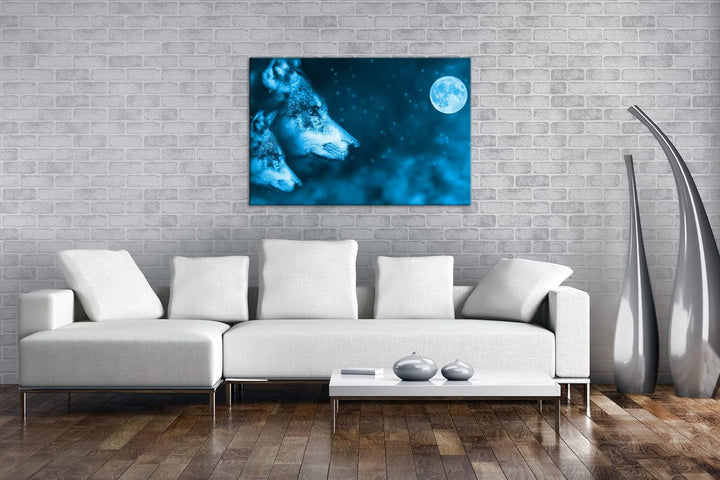 deyoli Wolf-Vollmond-Illustration Format: 100x70 Effekt: Monocrome Blau als Leinwandbild, Motiv fert