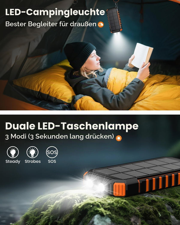 Solar Powerbank 20000mAh – 15 W Schnellladegerät, Tragbares Ladegerät, 3 integrierte Kabel mit LED-T