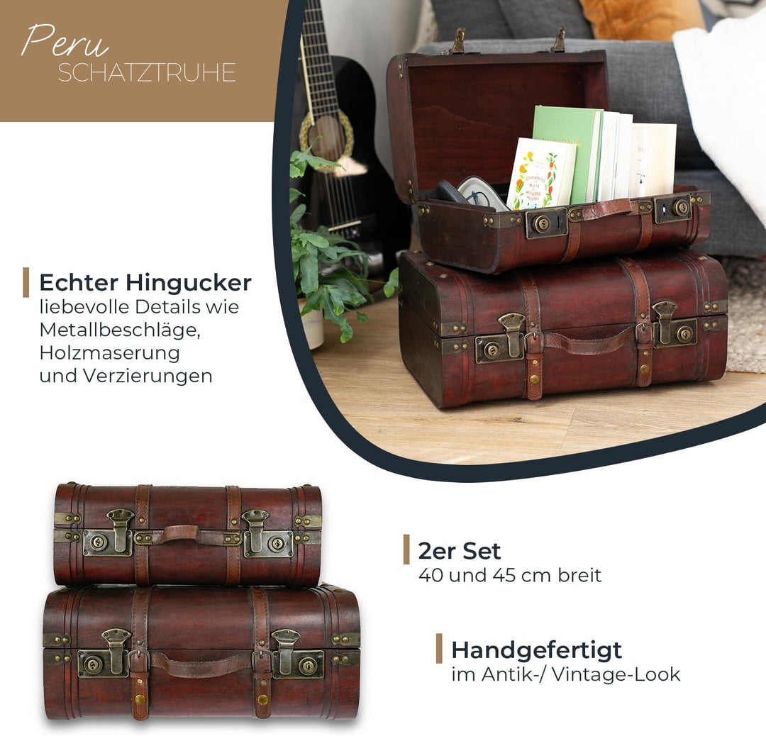 HMF Schatztruhe aus Holz, grosse Schatzkiste mit Schnappverschlüssen, dekorativer Vintage Koffer für