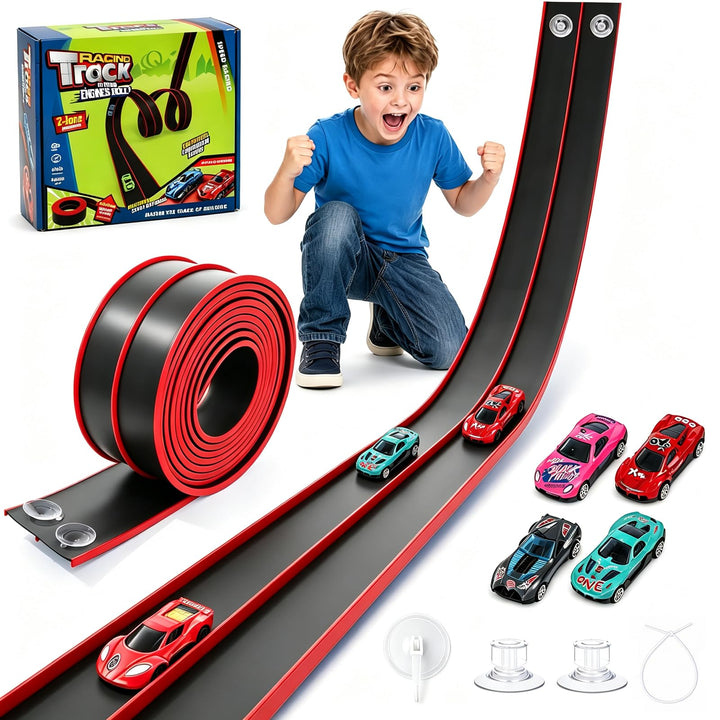 Flexible Autorennbahn Kinder, 4,5m Rennbahn Inklusive 4 Autos, Tragbare Dual-Rennstrecke für 1:64 Au