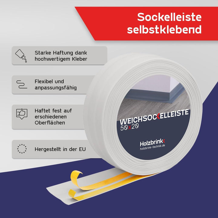HOLZBRINK Weichsockelleiste selbstklebend PVC 50x20mm, 25 m | Winkelleiste für Küchenarbeitsplatte,