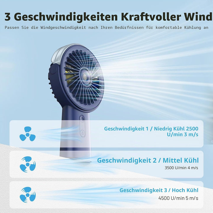 Otlonpe Handventilator Mit Wasserkühlung, 4000mAh Hand Ventilator Akku Aufladbar Mit Wasser, 3 Gesch