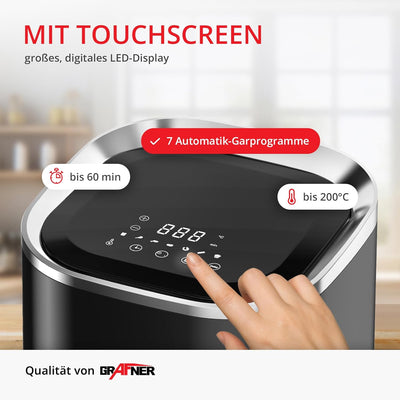 Grafner XL Digitale Heissluftfritteuse, 3,6 Liter, 1200 Watt, LED-Touchscreen, 7 Programme, 360° Gar