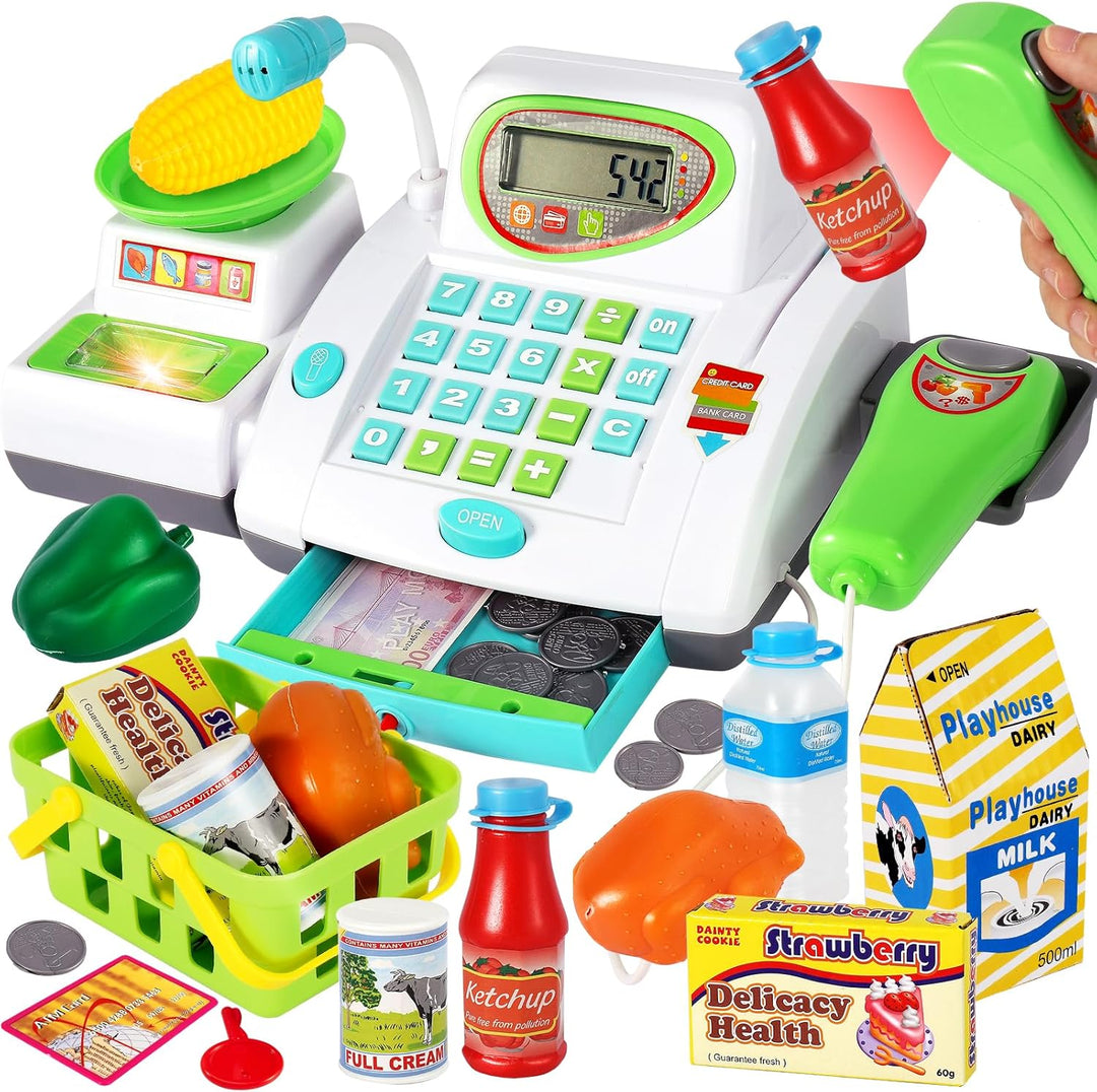 HERSITY Kaufladen Kasse Spielzeug, Registrierkasse Kinder mit Scanner Mikrofon, Grosse Spielkasse 31