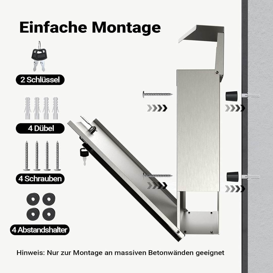 Wiltec Designer Briefkasten V23 Edelstahl 370 x 102 x 370 mm, Wandbriefkasten mit Schloss und Zeitun