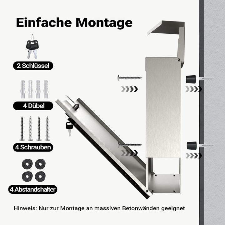Wiltec Designer Briefkasten V23 Edelstahl 370 x 102 x 370 mm, Wandbriefkasten mit Schloss und Zeitun