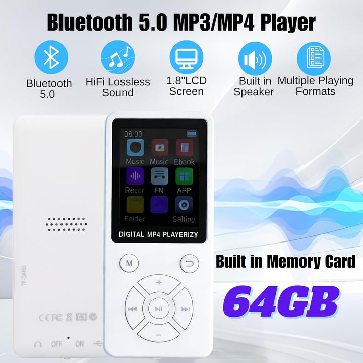 MP3-Player/MP4-Player 64GB Bluetooth 5.0 HiFi MP3 Musik-Player, 1,8-Zoll-LCD-Bildschirm mit Lautspre