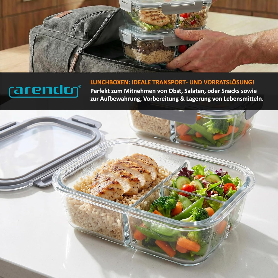 Arendo - Lunchboxen Glas - 3 Fächer - Frischhaltedosen für Lebensmittel mit Deckel luftdicht - 2er S