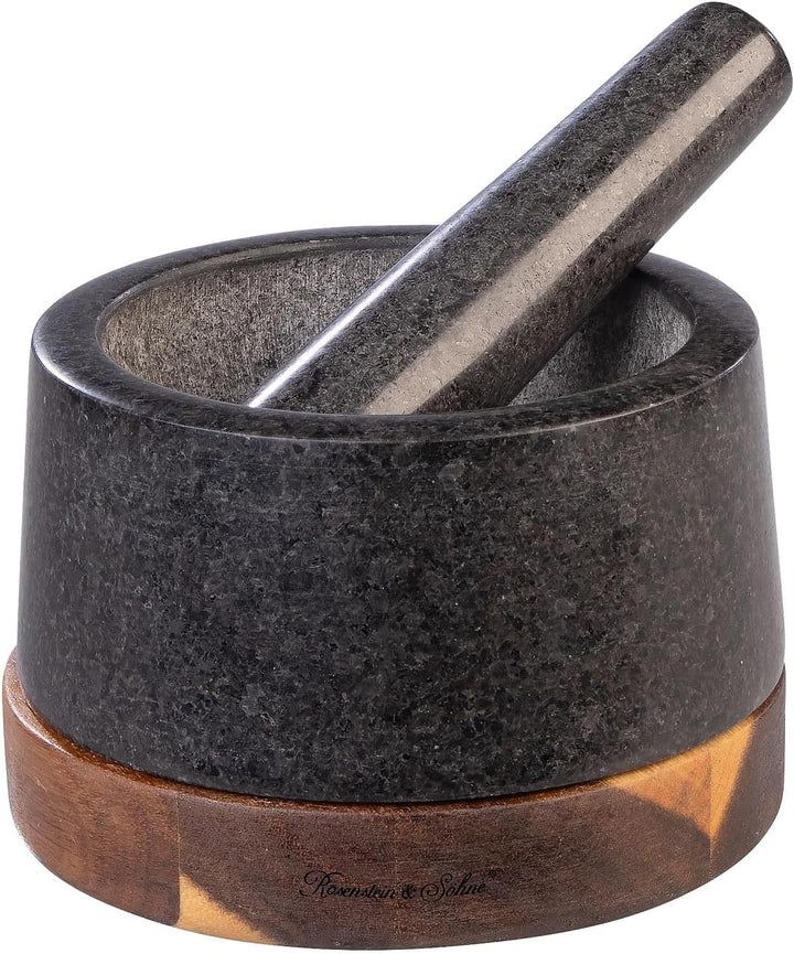 Rosenstein & Söhne Mörser Küche: Set mit Mörser und Stössel aus Granit und Holz, 14 cm (Gewürz-Zerkl