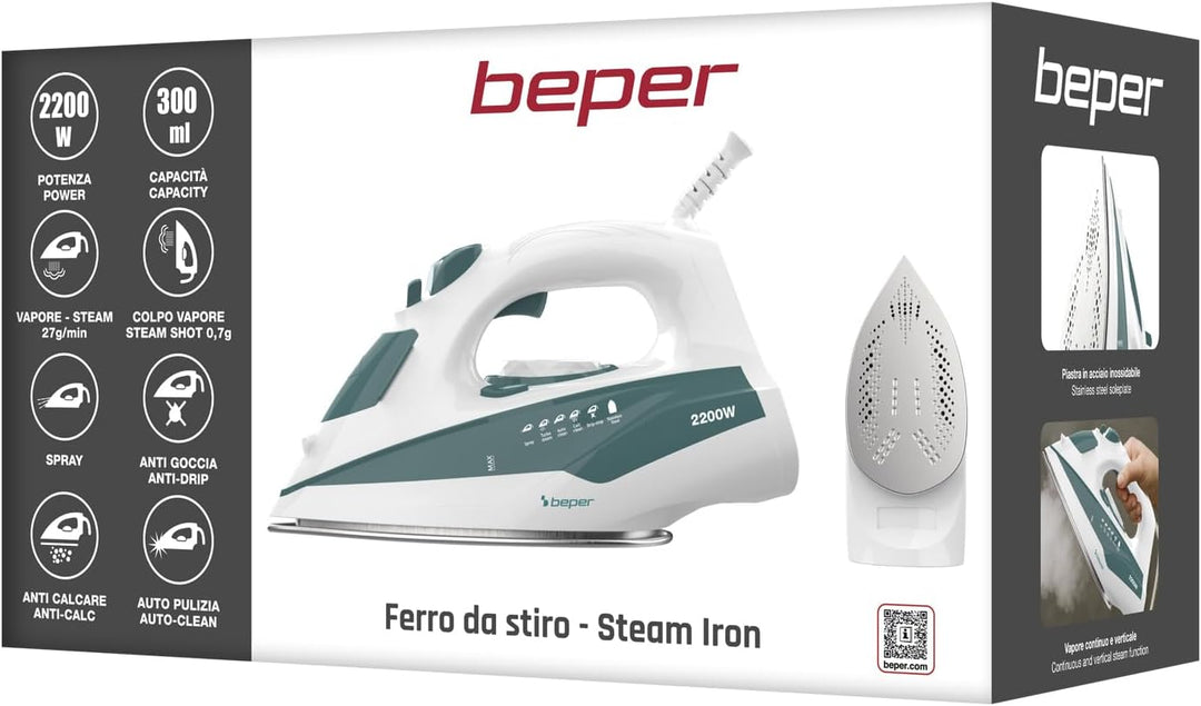BEPER P204FER005 SteamPro 300 Dampfbügeleisen – Stahlsohle, 300-ml-Wassertank, 2200 W – Dauerdampf 2