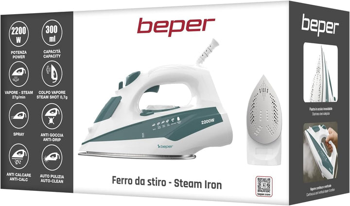 BEPER P204FER005 SteamPro 300 Dampfbügeleisen – Stahlsohle, 300-ml-Wassertank, 2200 W – Dauerdampf 2