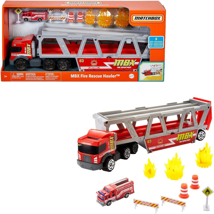 Matchbox GWM23 - Matchbox Construction Hauler mit 1 Feuerwehrfahrzeug und 8 Zubehörteilen, Spielzeug