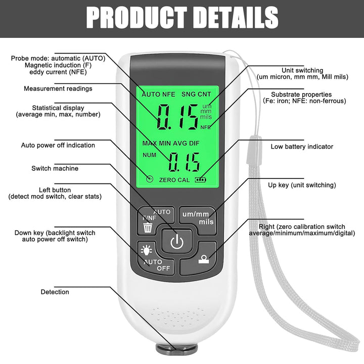Schichtdickenmessgerät, Lackmessgerät mit Hintergrundbeleuchtung Digitale LCD Anzeige Automatischer