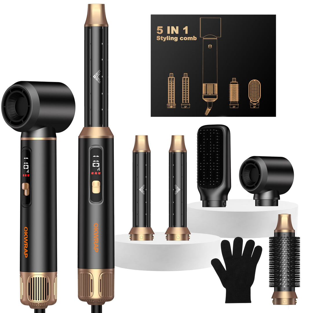 OKWRAP Hair Styler Set Hairstyler 5 in 1, LCD Haarstyler Airbrush Mit Rundbürstenföhn Haarstyler War