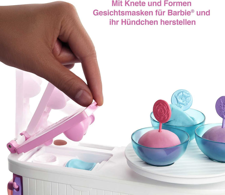 Barbie GJR85 Wellness Gesichtsmasken Spielset, brünette Puppe, Hündchen, Formen und Knete Brünett Si