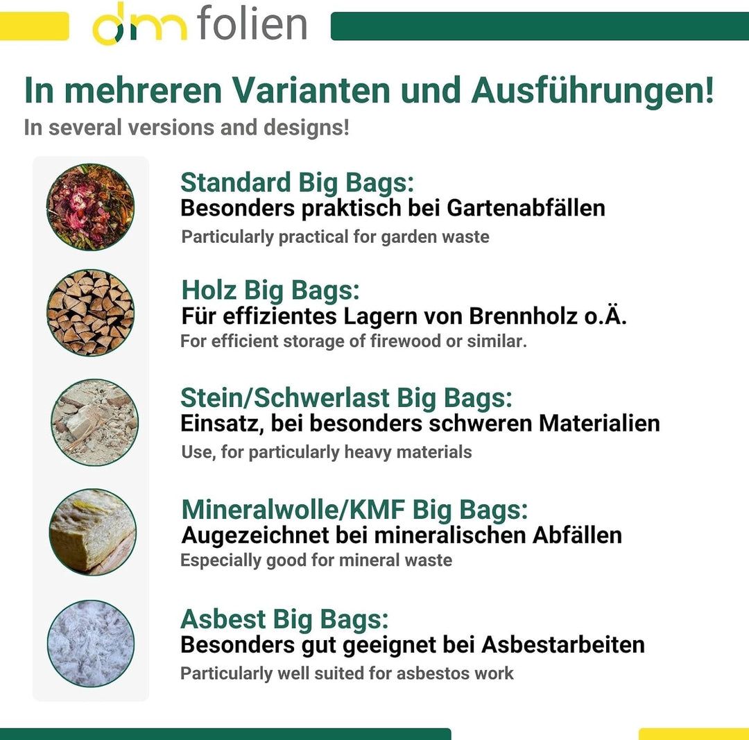 dm-Folien Holz Big Bag 95x95x175cm I 5 Stück I SWL 1.250 kg I Robuster Big Bag Holz mit 4 Ventilatio