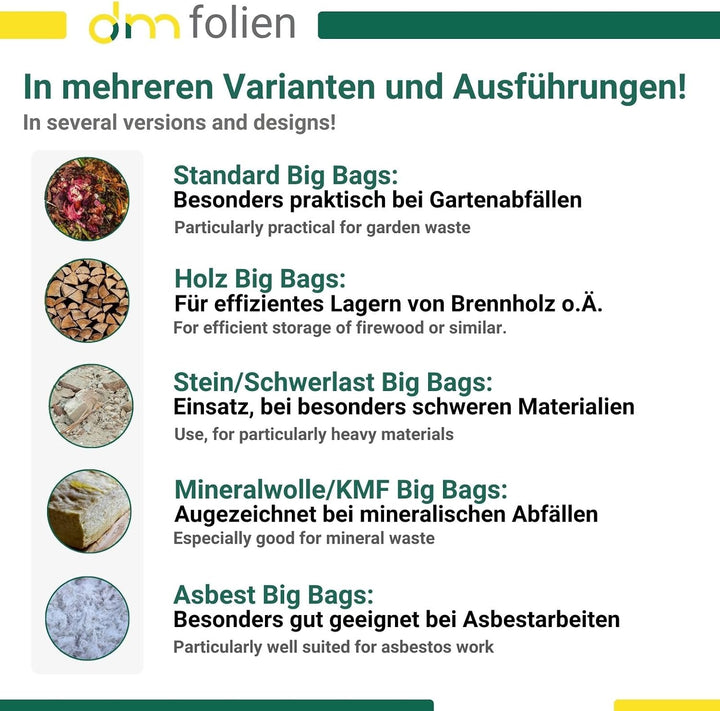 dm-Folien Holz Big Bag 95x95x175cm I 5 Stück I SWL 1.250 kg I Robuster Big Bag Holz mit 4 Ventilatio