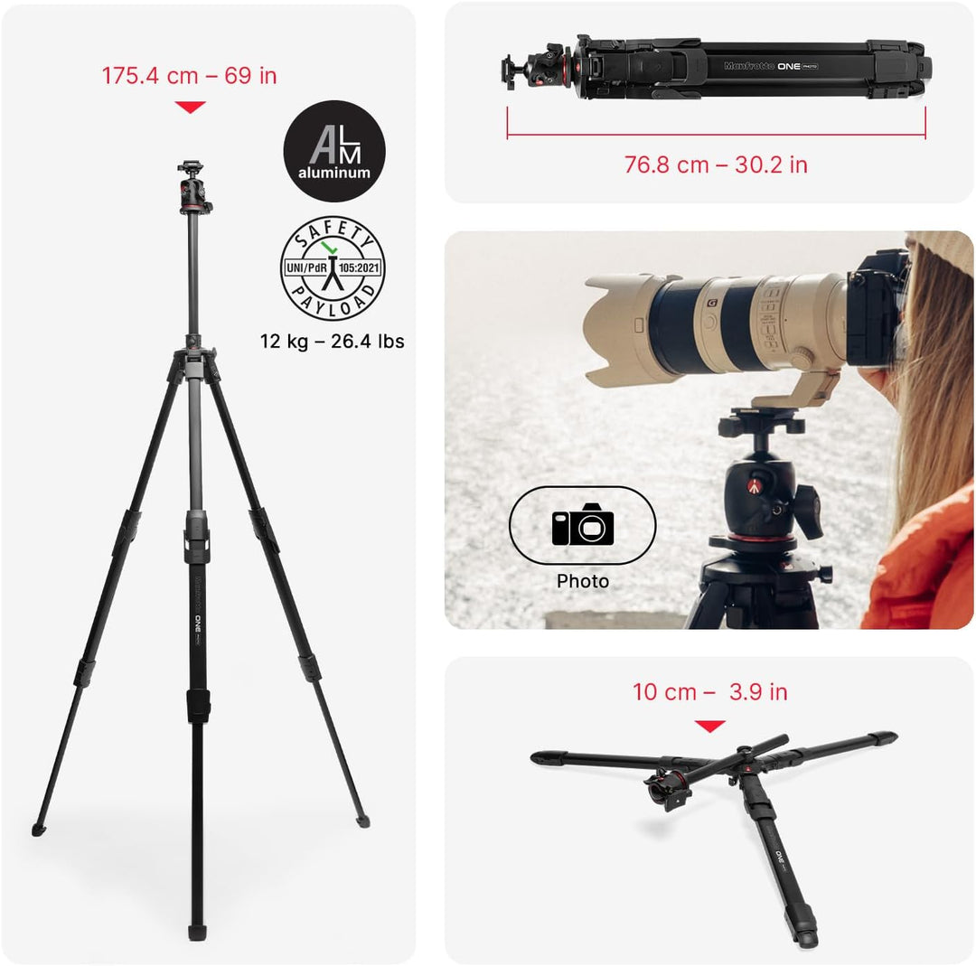 Manfrotto ONE Photo, Aluminium‑Stativ‑Kit mit XPRO Kugelkopf Arca‑Swiss, 12 kg Tragkraft, 90° Horizo
