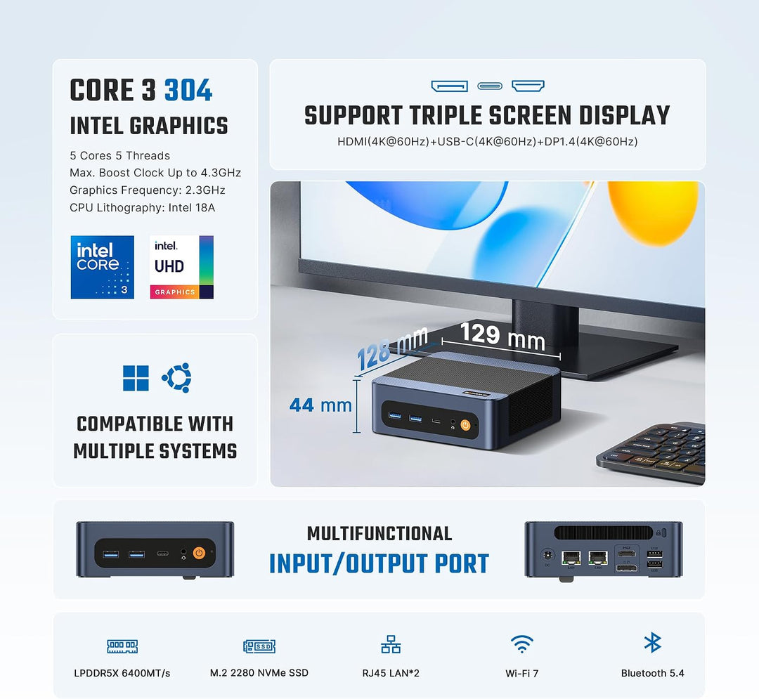 BOSGAME E6 ECO Mini-PC Core 3 304 (bis zu 4,3 GHz) 12GB LPDDR5X 512GB SSD | mini pc Windows 11 , 4K