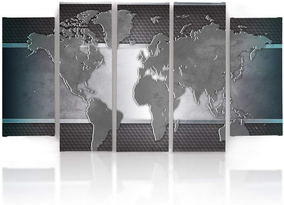 Feeby Frames, Leinwandbild Bilder Wand Bild - 5 Teile - Wandbilder Kunstdruck (WELTKARTE, GRAU) 150x