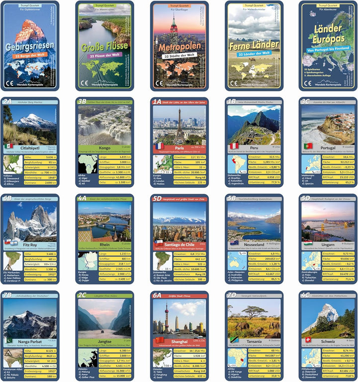 5er-Set: Berge Flüsse Städte und Länder Trumpf Quartett Spiele | Kleine Geschenke für Kinder & Famil