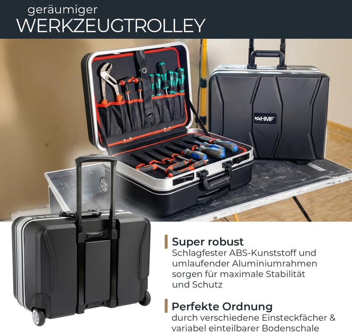 HMF 15602-02 Werkzeugtrolley leer, Werkzeugkoffer aus ABS-Kunststoff mit Rollen | 47 x 40 x 24,5 cm,