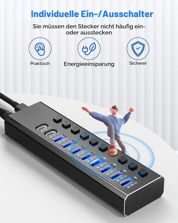 Powered USB Hub 3.2, 10-Port USB3.2/USB C Hub (10Gbps USB-A 3.2 +2 USB-C 3.2 +7 USB 3.0 Ports) mit i