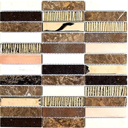 Mosaik Fliese Stäbchen Riemchen Edelstahl silber beige braun Glasmosaik für WAND BAD DUSCHE KÜCHE FL