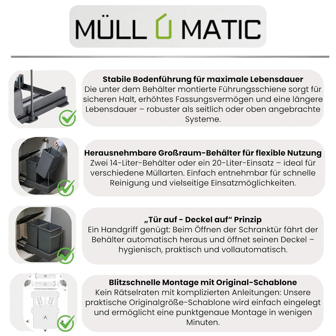 Aspira Home Ausziehbarer Küchen Mülleimer „ECO 2 Steel | Volumen: 2x 14L | Mülltrennsystem | Küchens