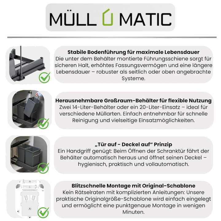 Aspira Home Ausziehbarer Küchen Mülleimer „ECO 2 Steel | Volumen: 2x 14L | Mülltrennsystem | Küchens