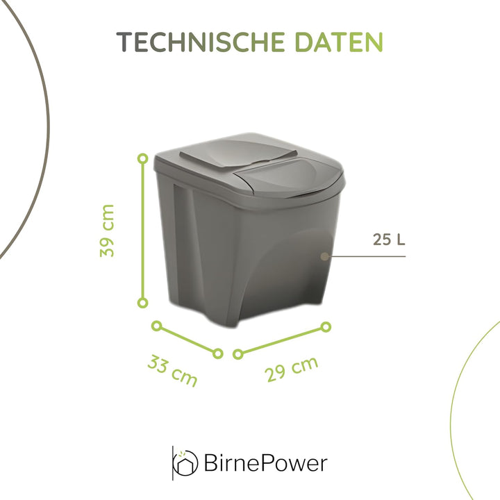 BirnePower Mülleimer Müllbehälter Abfalleimer 75L Set 3 x 25L Mülltrennsystem Behälter Sorti Box mit