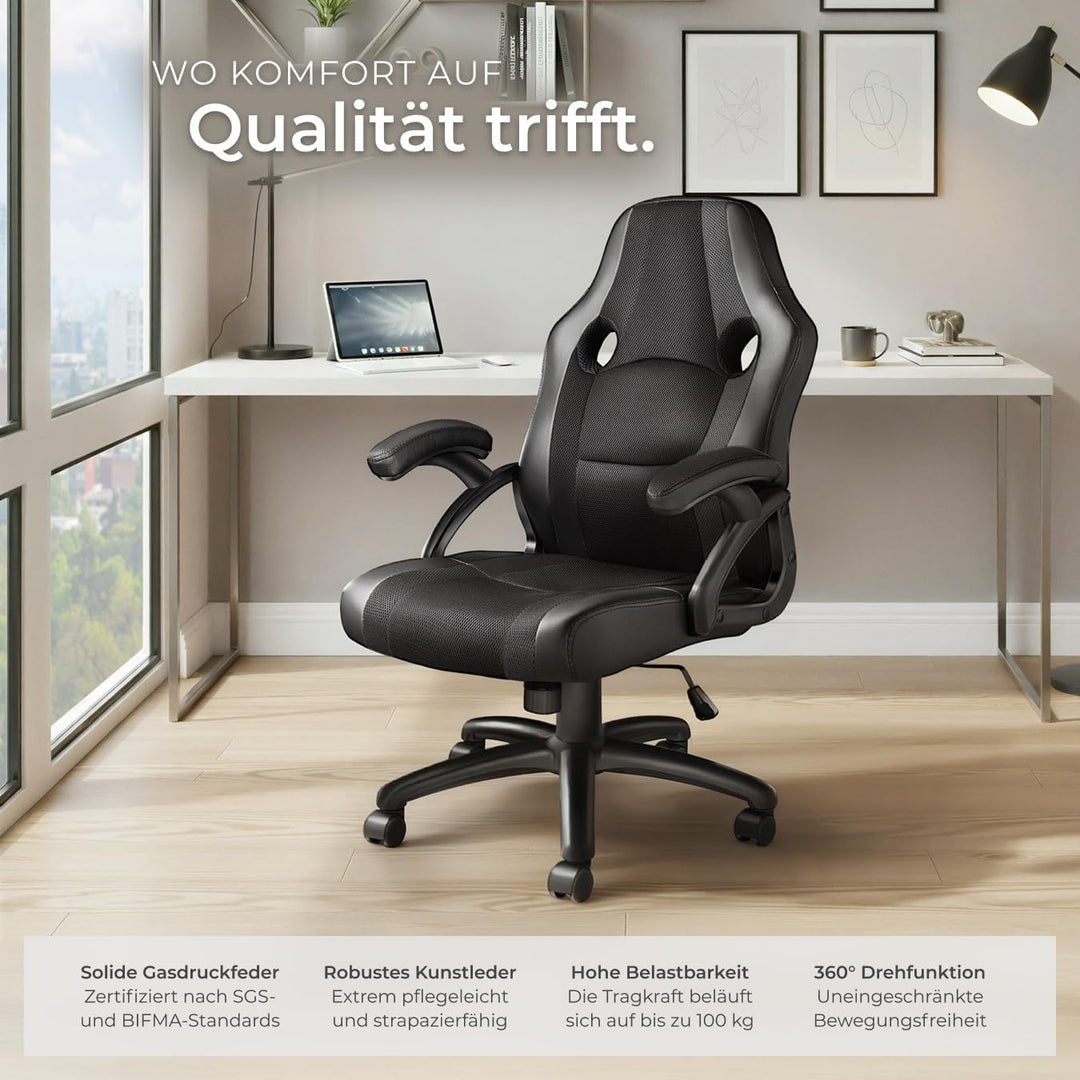 tectake® Gaming Stuhl, Bürostuhl ergonomisch, Racing Bürostuhl, Chefsessel mit Wippfunktion und Arml