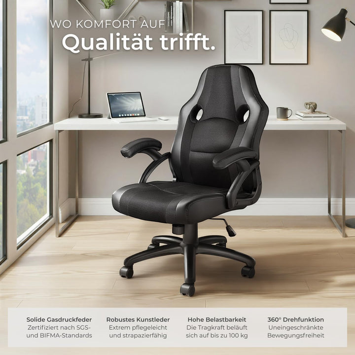 tectake® Gaming Stuhl, Bürostuhl ergonomisch, Racing Bürostuhl, Chefsessel mit Wippfunktion und Arml