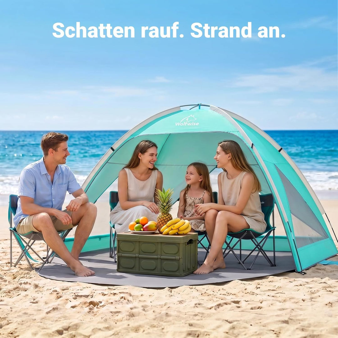 Wolfwise grosse Strandmuschel UV Schutz für 3-4 Personen, Strandzelt grosszügig mit Sonnenschutz UPF