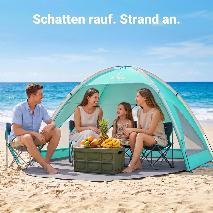 Wolfwise grosse Strandmuschel UV Schutz für 3-4 Personen, Strandzelt grosszügig mit Sonnenschutz UPF