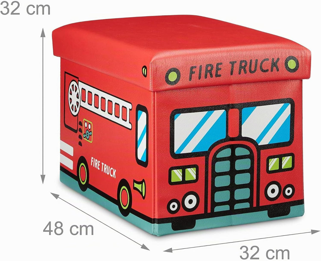 Relaxdays Faltbare Spielzeugkiste Feuerwehr HBT 32 x 48 x 32 cm stabiler Kinder Sitzhocker als Spiel