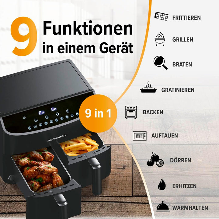 GOURMETmaxx Doppelkammer-Heissluftfritteuse 2x 3,5L - Schwarz | Airfryer + synchronisierte Garzonen,