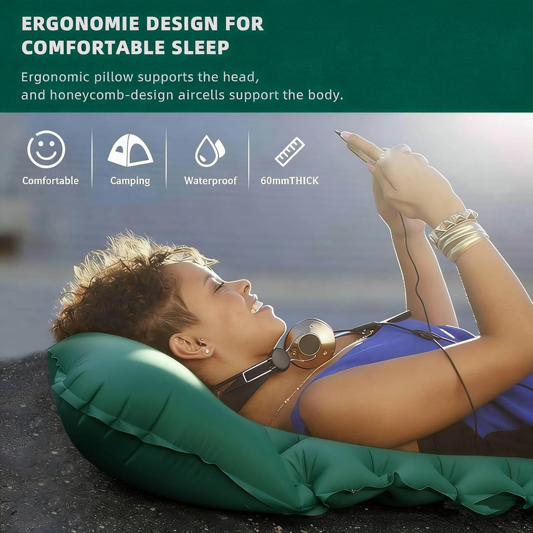Isomatte Camping Schlafmatte, Aufblasbare Isomatte Ultraleicht, Sleeping Isomatte mit Kissen & Fussp