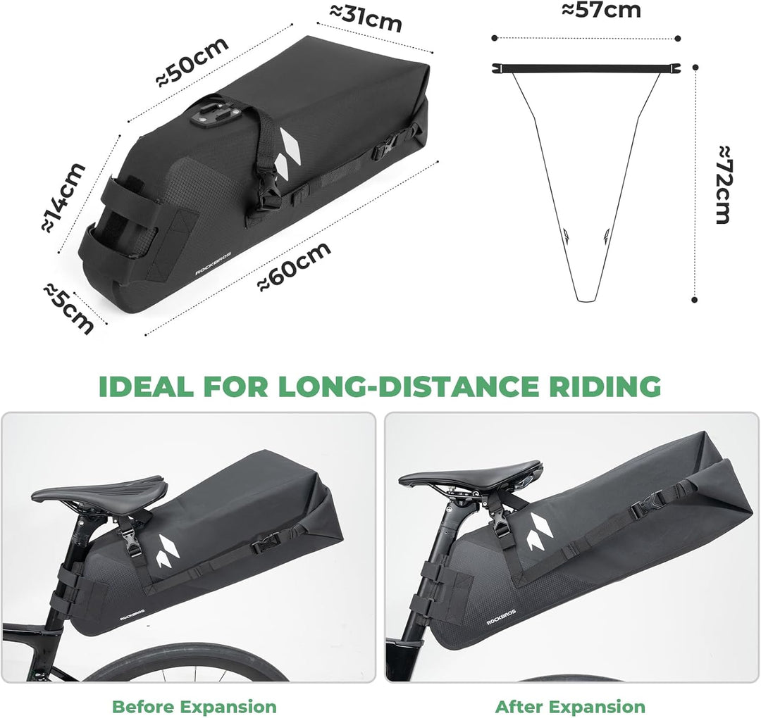 ROCKBROS Bikepacking Satteltasche 13L Wasserdicht, Fahrradtasche Sattel mit Halterung, Fahrrad Sitzt