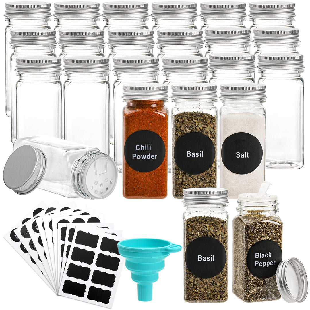 WUWEOT 24 Stück Kunststoff-Gewürzgläser, 120 ml Gewürzflaschen, quadratische Gewürzbehälter, wiederv