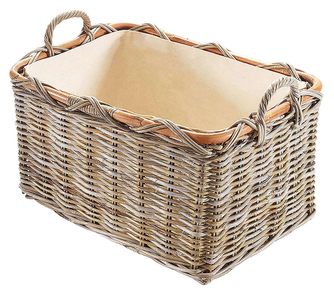 Kobolo Holzkorb für Kaminholz rechteckig Kubu grey aus Rattan mit Griffen und Leinen Kubu Grau Stoff
