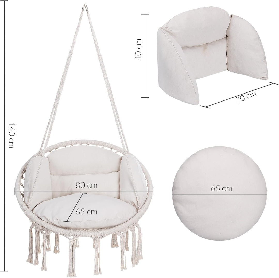 DETEX® Hängesessel bis 150kg Belastbar Boho Stil Wetterfest GS-Zertifiziert Garten 360° Drehbar Crem