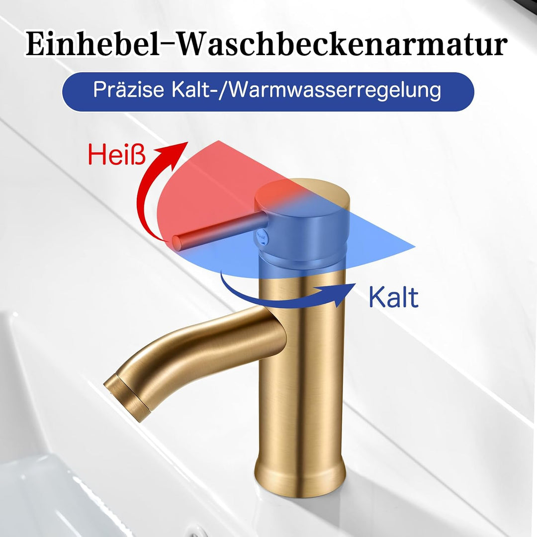 kisimixer Wasserhahn Bad Gebürstetes Gold Waschtischarmatur, Armatur Badezimmer Einhebelmischer Misc