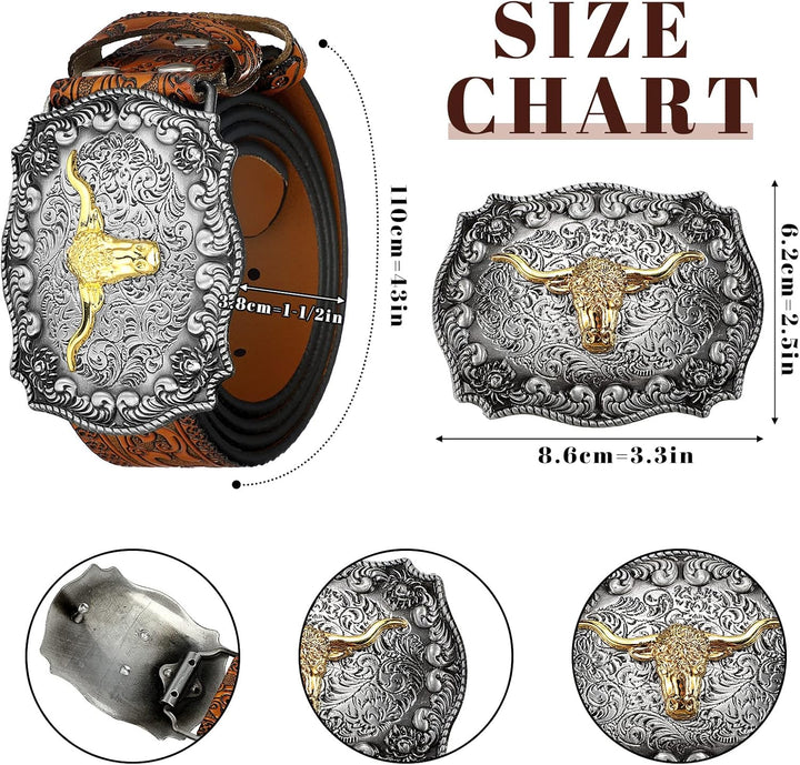 Jadive Herren Gürtel Western Cowboy Bull Leder Gürtel Schnalle mit Blumen Gravur Kamel 43 Pulgadas,