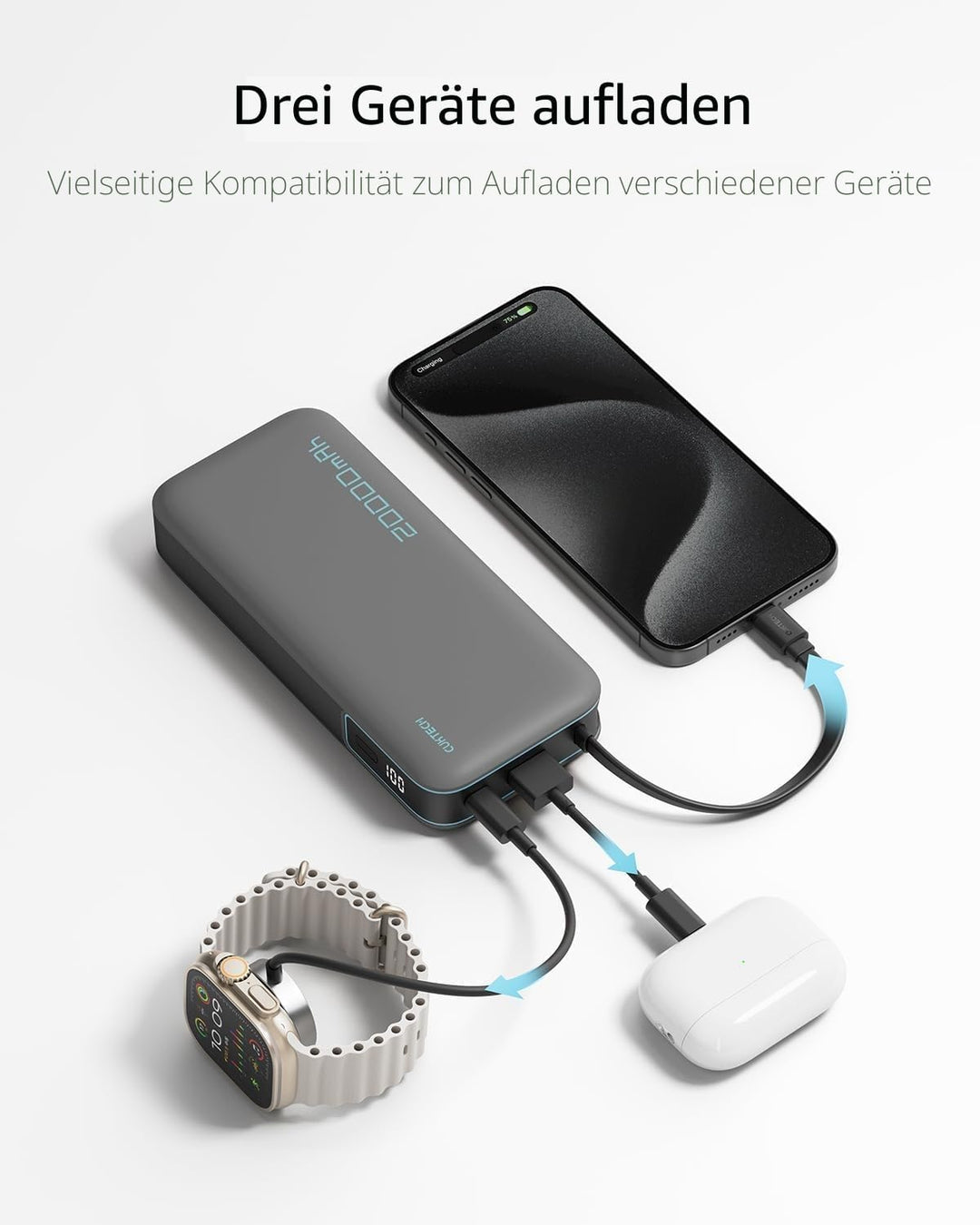 CUKTECH Power Bank, Powerbank 20000mah 45W mit integriertem USB-C Kabel, Powerbank Schnellladefunkti
