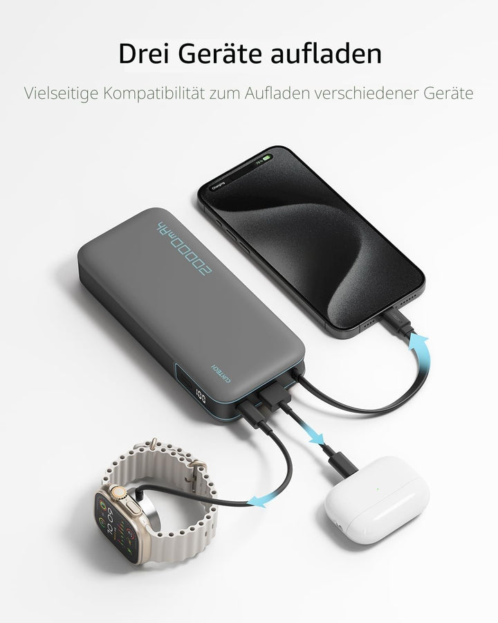 CUKTECH Power Bank, Powerbank 20000mah 45W mit integriertem USB-C Kabel, Powerbank Schnellladefunkti